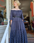 Lorena Laing Amano Volant Pinstriped Navy Maxi Dress