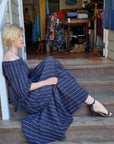 Lorena Laing Amano Volant Pinstriped Navy Maxi Dress