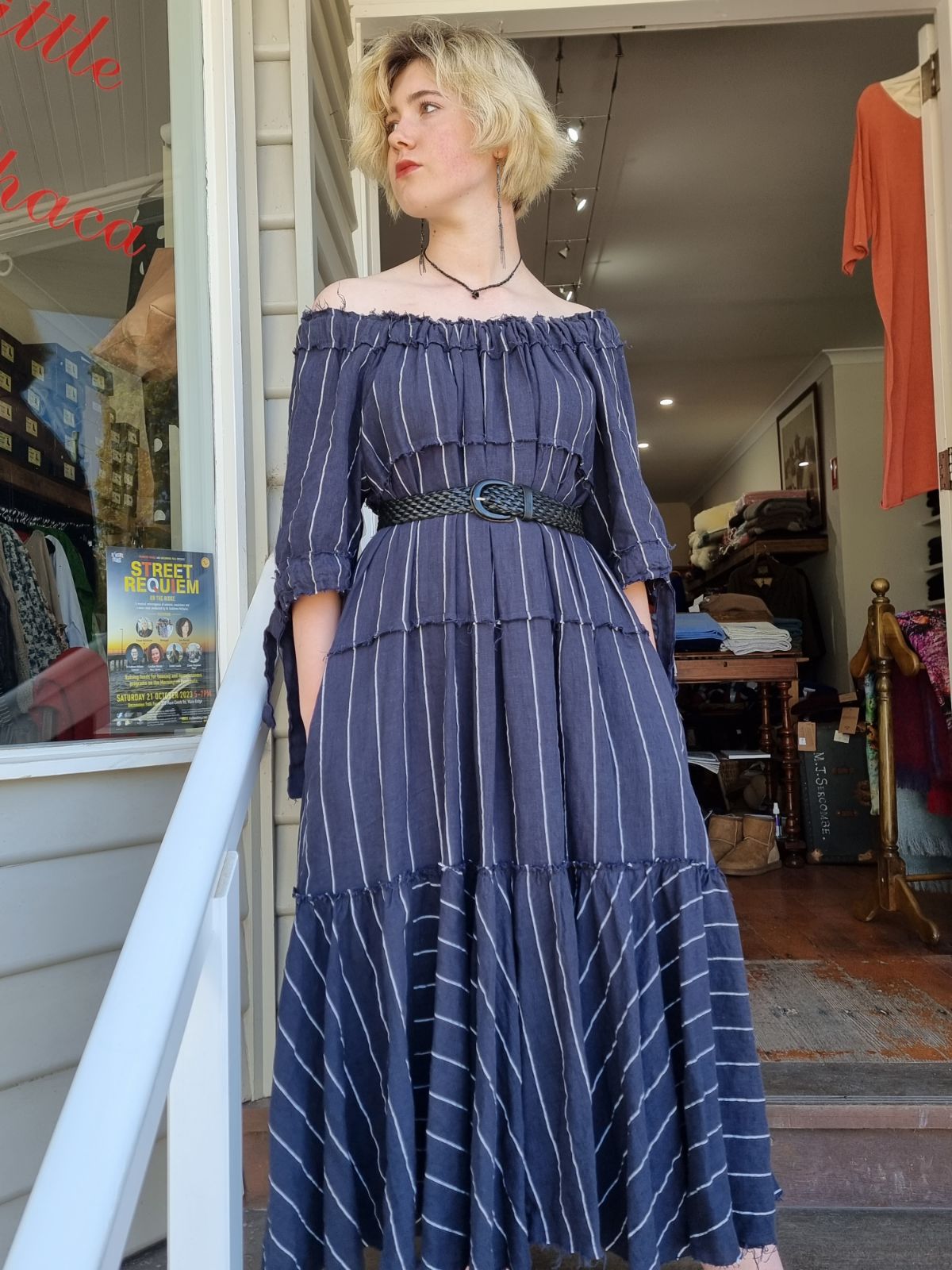 Lorena Laing Amano Volant Pinstriped Navy Maxi Dress