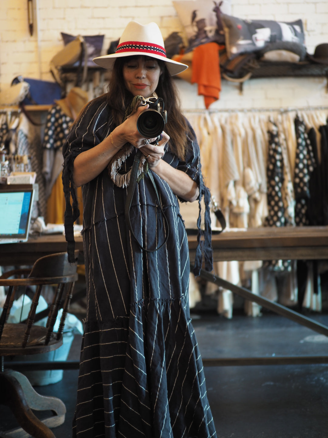 Lorena Laing Amano Volant Pinstriped Navy Maxi Dress